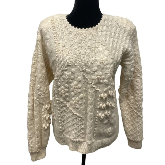 Vintage Original 90 Hand Knitted 100% Wool Chunky Fisherman Sweater Creamy White - Picture 1 of 12
